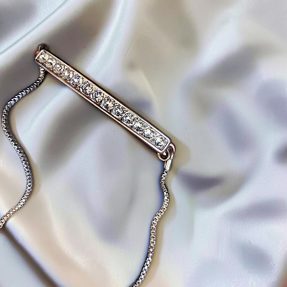 Silver Tone Reversible "Beautiful" Pavé Crystal Curved Bar Bolo Slider Bracelet